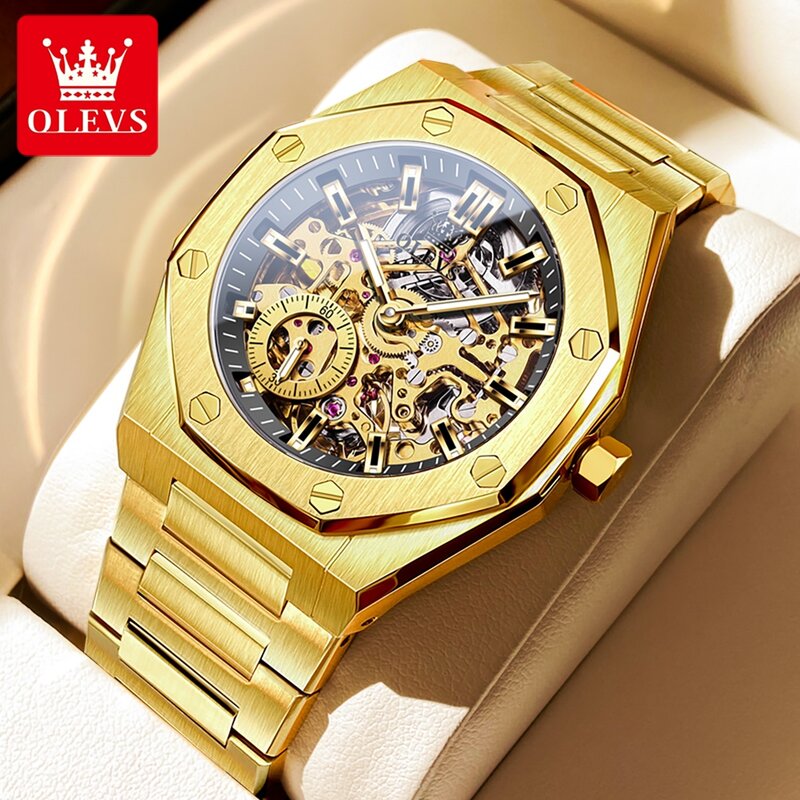 OLEVS-Relógio de pulso mecânico automático masculino totalmente oco, relógios impermeáveis para homens, luxo, marca top, original, novo