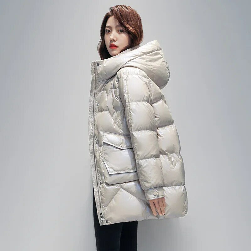 女性の白いフード付きジャケット,新しい冬のコレクション,カジュアルな暖かいフード付きコート,黒と白の色,2022