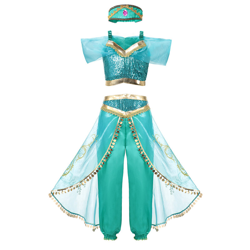 Disney-vestido de princesa Jasmine para niña, disfraz de Aladdín, lámpara mágica, ropa de fiesta de cumpleaños y Carnaval