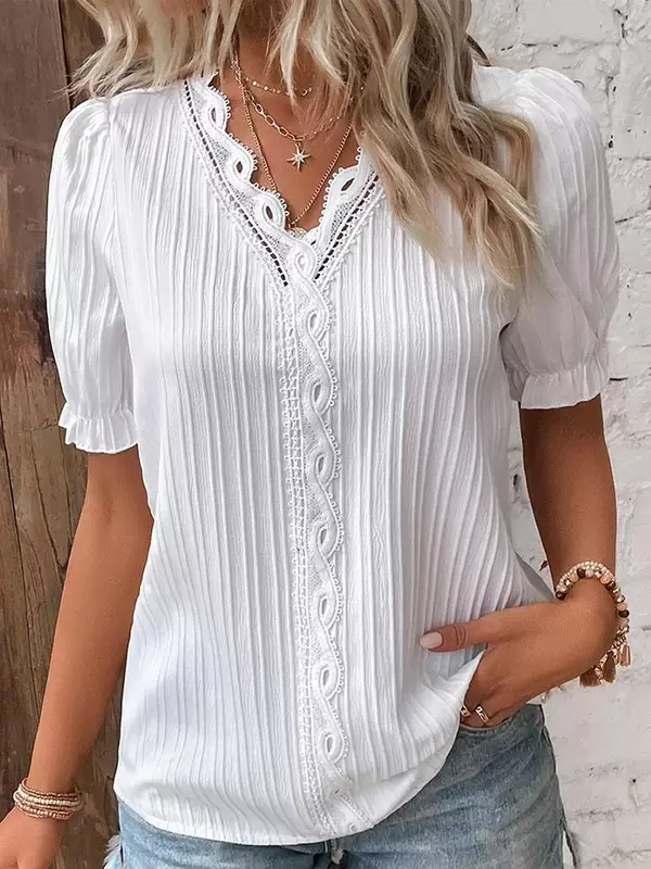 2024 Summer New Women's Blouse Top Solid Sexy V-Neck Hollow Short Sleeve Fashion Splice Plus Size Loose Street Apparel Shirt