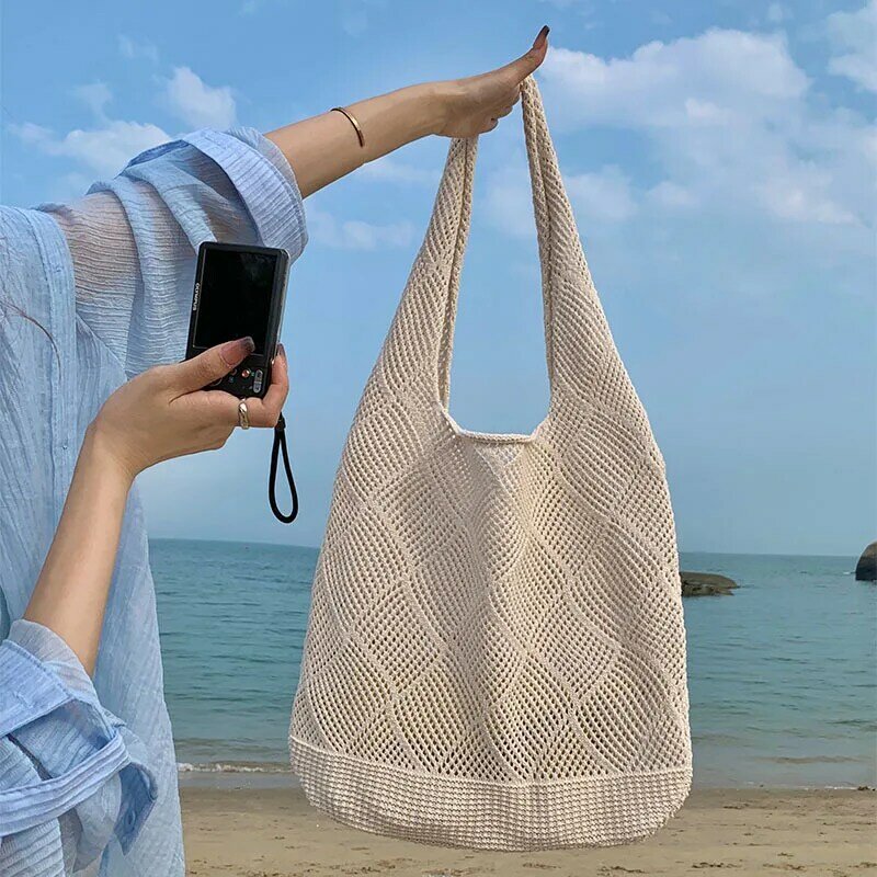 Bolso de hombro informal de punto hueco para mujer, bolsa de mano de gran capacidad, sencillo, para playa, para vacaciones, 2024