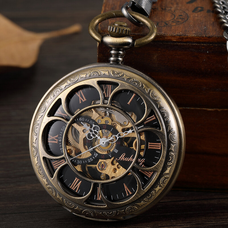 Cyfra rzymska luksusowy mechaniczny zegarek kieszonkowy z grawerem rzeźbiarskim steampunkowy zegarki szkieletowe zegar na łańcuszku Fob dla mężczyzn