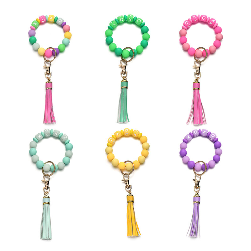 Colorful Silicone Beads Keychain Keyring For Women Letter Beaded Bracelet Keychain Tassels Pendant Jewelry Accessories