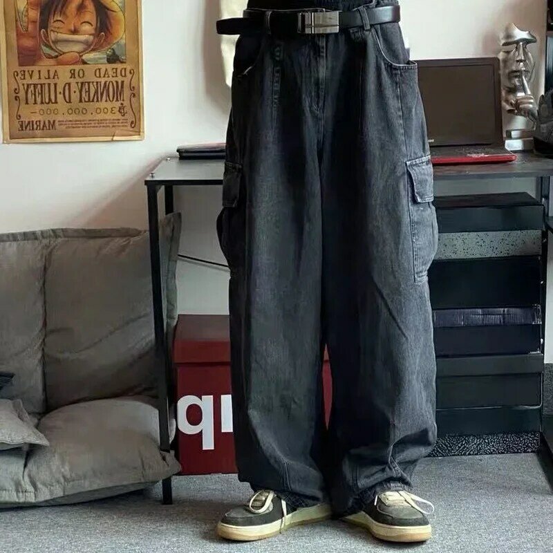 กางเกงยีนส์กางเกงขาม้าสีดำสำหรับผู้ชาย, กางเกงยีนส์ทรงแบ็กกี้ทรงหลวมไซส์ใหญ่กางเกงยีนส์เสื้อผ้าสไตล์เกาหลีแนวสตรีทฮิปฮอปฮาราจูกุ