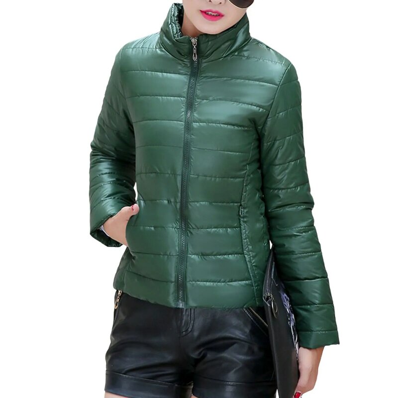 Женское Стеганое пальто с воротником-стойкой, черное/зеленое/красное/розово-красное пуховое пальто с карманами для женщин, официальное повседневное Яркое пальто