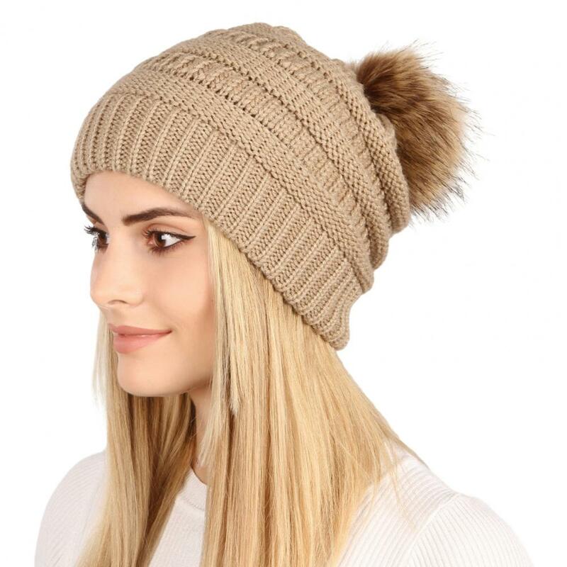 Cozy Winter Accessory Cozy Knitted Women's Hat with Plush Ball Decor Warm Windproof Anti-slip Lady Beanie for Outdoor Protection