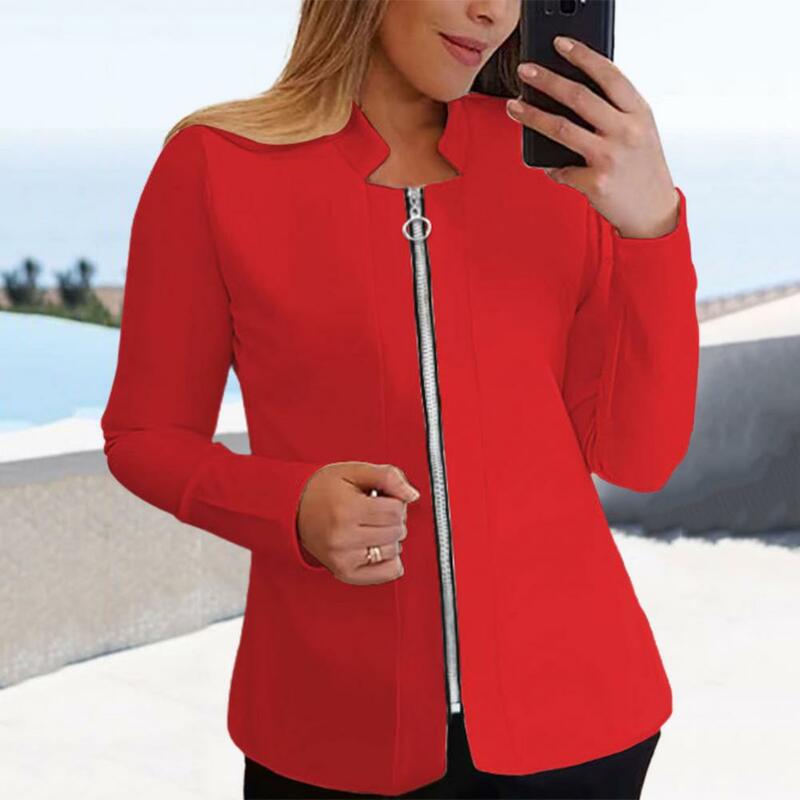 Women Fall Spring Coat Stand Collar Zipper Closure Cardigan Loose Long Sleeve Straight Mid Length Formal Commute Suit Jacket