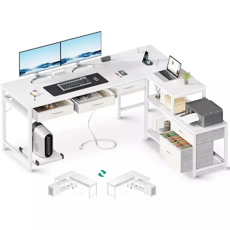 L자형 컴퓨터 책상, 가역 홈 오피스 워크스테이션 책상, 전원 소켓 및 콘솔 랙, 흰색, 61 인치