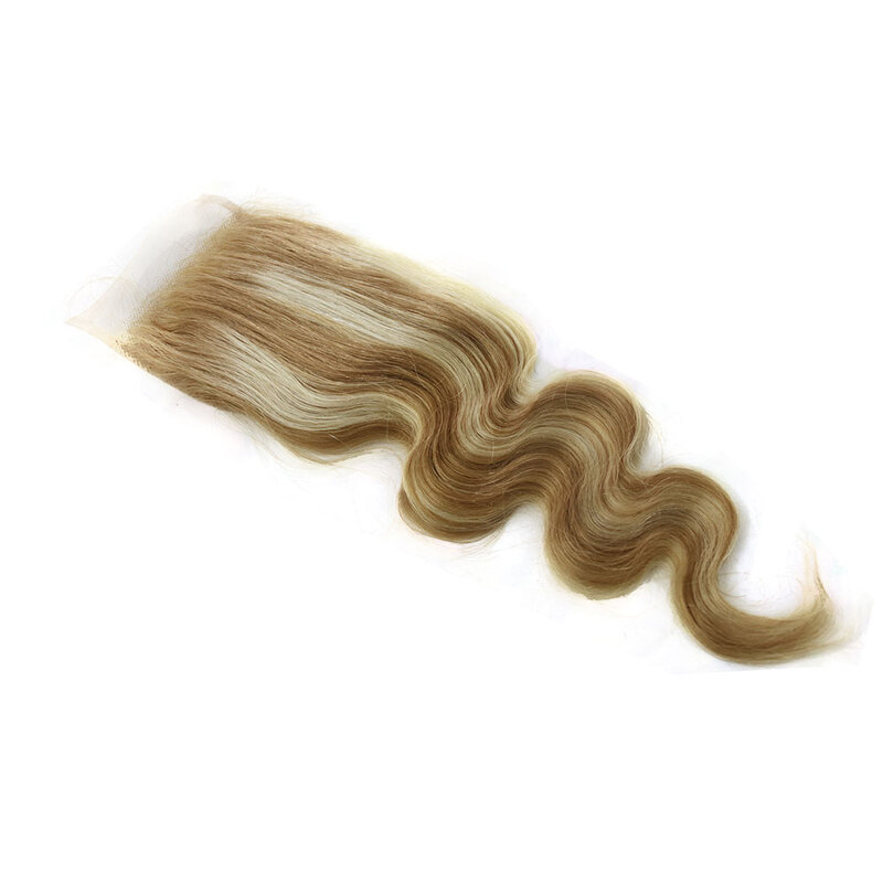 Extensiones de cabello humano rubio con cierre, mechones ondulados con cierre de encaje transparente, P27/613, 3 o 4 unidades