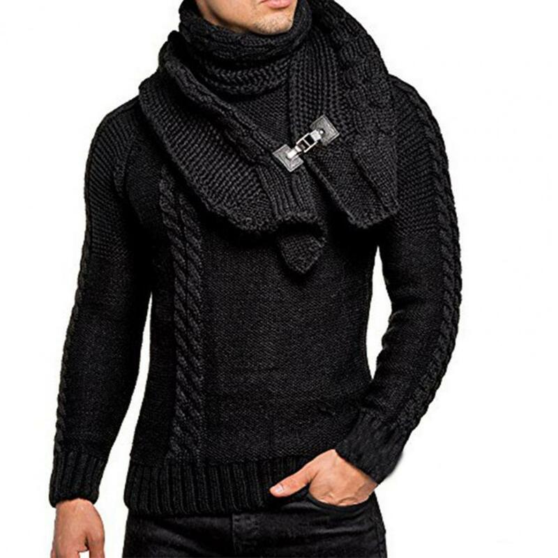 트위스트 골지 커프스 겨울 남성 스웨터 스카프 분리형 가죽 버클 턱받이 풀오버, 두꺼운 빈티지 남성 스웨터 니트 스웨터