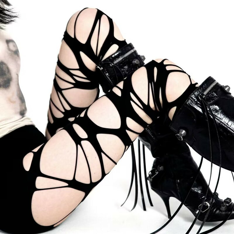 Medias góticas con agujeros rasgados para mujer, pantimedias de rejilla Punk, pantalones de fondo ahuecados de malla negra tentación