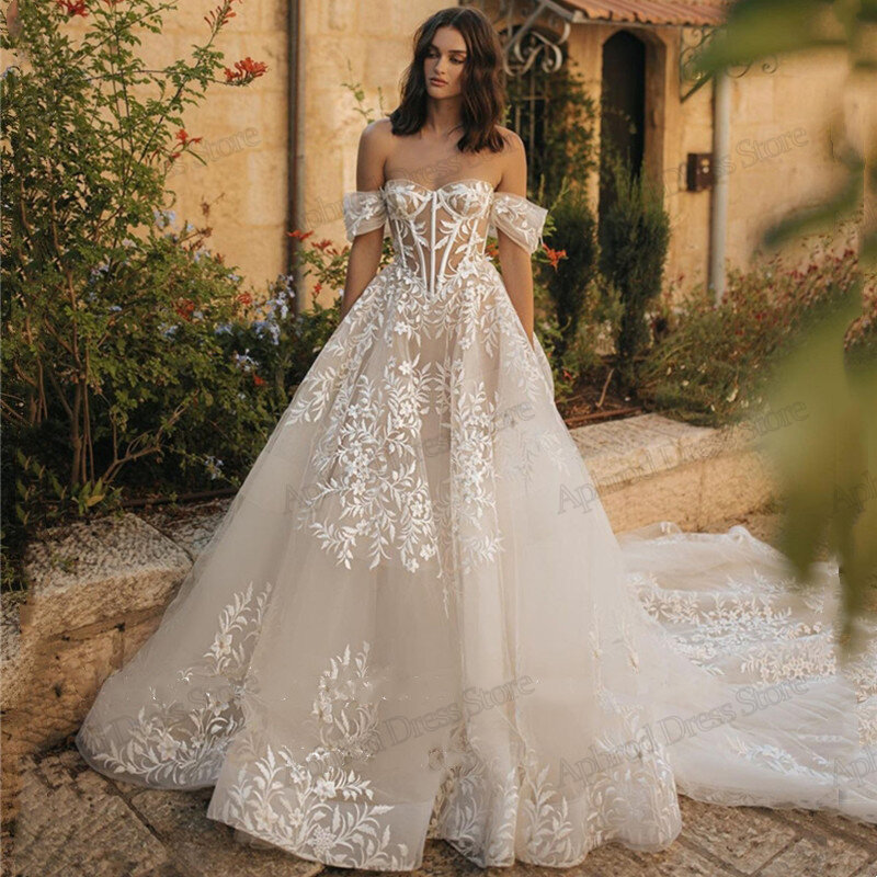 Gaun pernikahan indah gaun pengantin putri A-Line jubah bordir panjang bahu terbuka gaun pengantin mewah Vestidos De Novia