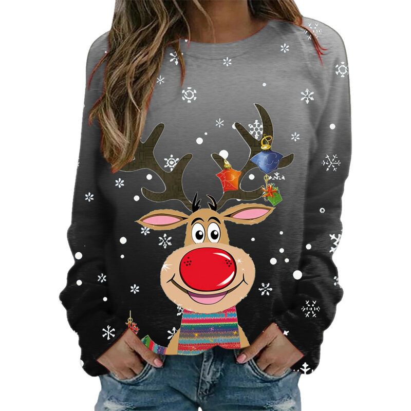 Damska świąteczna bluza z długim rękawem pulower z okrągłym dekoltem bożonarodzeniowy nadruk z jeleniem bluza w stylu Vintage