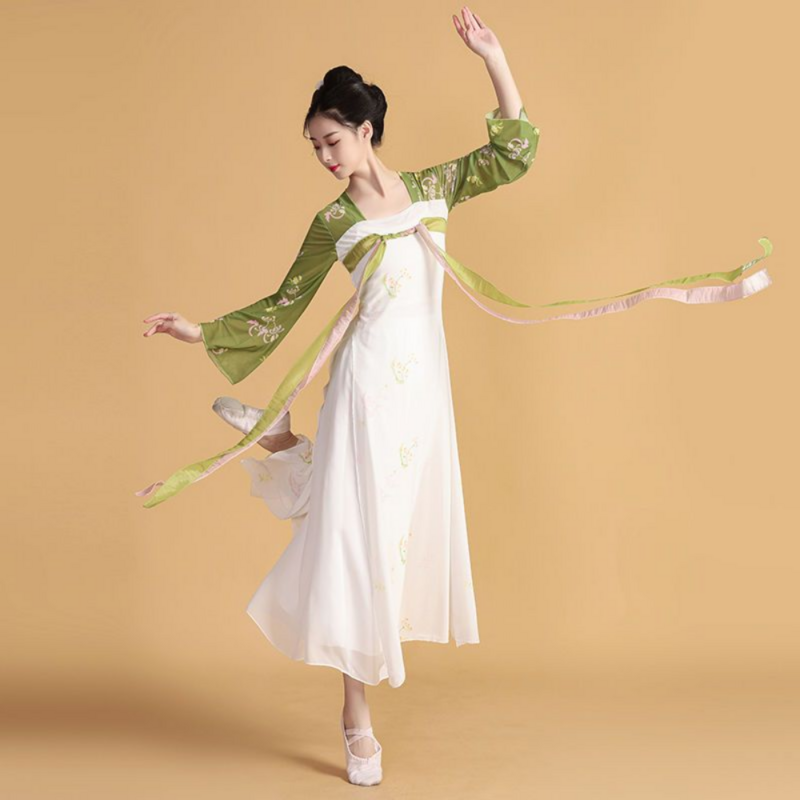 Vestido de dança clássica para mulheres, corpo longo, roupas de gaze, desempenho chinês de fada, branco, dinastia Tang Hanfu