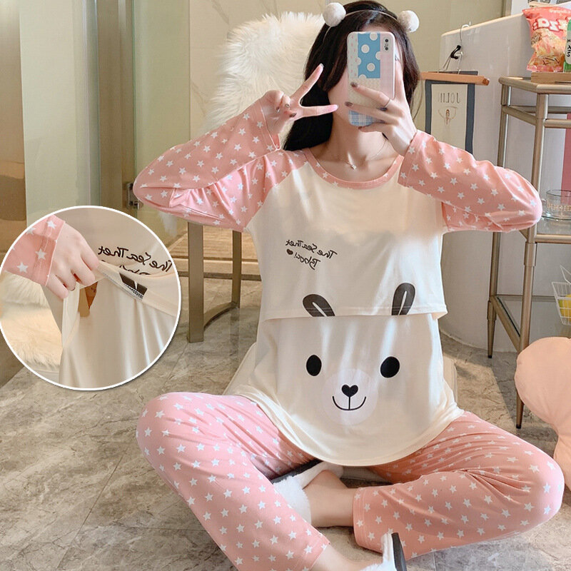 Maternity Pyjamas Sets Spring Breastfeeding Pregnacy Women Clothing Sleepwear Long Pregnant Cartoon Nursing Homewear Pijama Suit