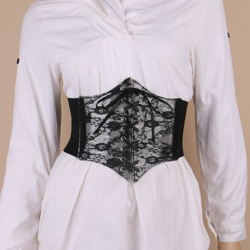 Korset wanita renda pvc transparan, Gaun kaus Retro tali pengikat pinggang lebar elastis untuk wanita