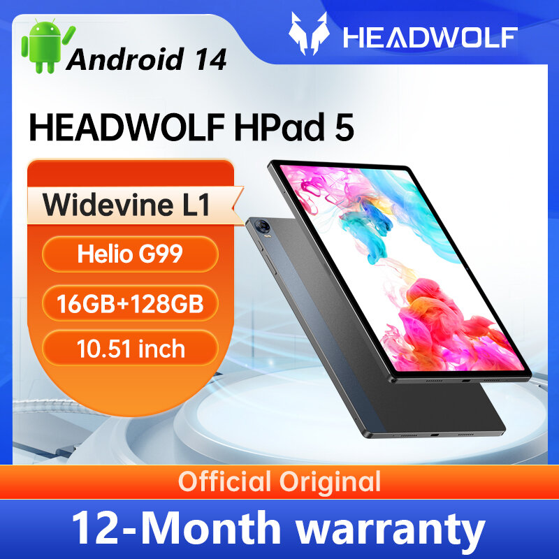 HeadWolf HPad 5 Android 14 Tablet 10.5 inch Max 16GB RAM 128GB ROM LTE Phone Tablet Call PC Widevine L1 8500 mAh Camera 8MP+20MP