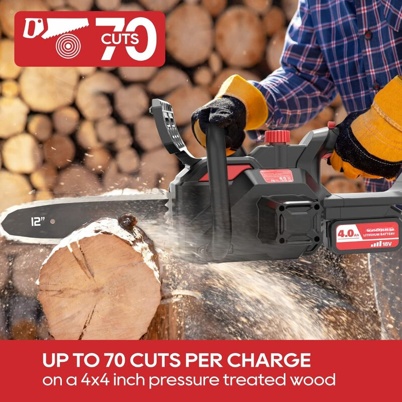 Cordless Chainsaw 12-Inch,18V Electric Chainsaw with 4Ah Battery and Fast Charger, Powerful Chain Saws with Double Safety Switch