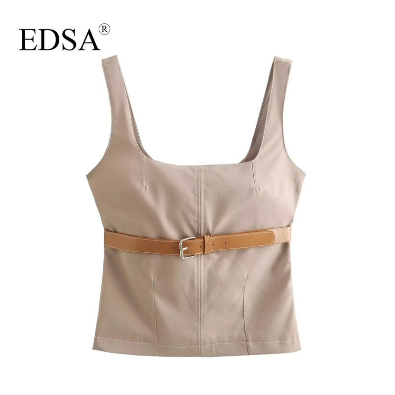EDSA Women Fashion Top with Belt 2024 Summer Square-cut Neckline Strappy Topstitching Blouse Casual Female Streetwear