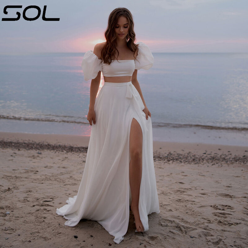 Sol dwuczęściowa prosta suknia ślubna plażowa dla kobiet 2024 rękawy typu lampion szyfonowa suknia ślubna wysokie rozcięcie Vestido De Novia