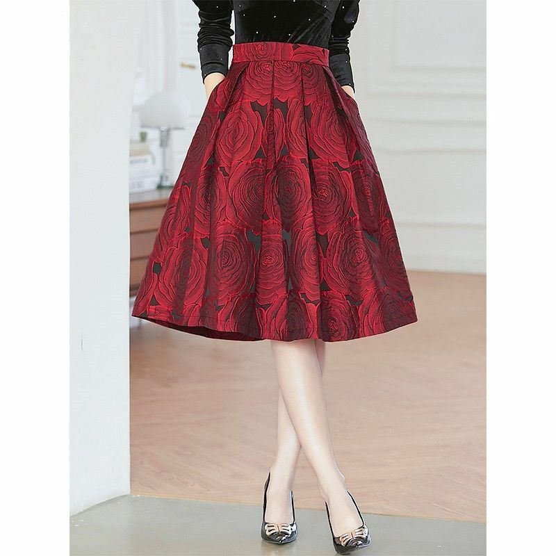 Damska Retro kwiatowa estetyczna żakardowa z wysokim stanem długa plisowana spódnica damska jesień Hepburn Vintage elegancka damska Q589