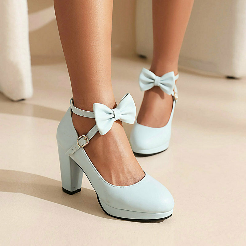 Fashion Girls Leather Shoes Bow Ankle Strap Woman Dress High Heel Shoes Ladies Heel Pumps Party Wedding Shoes Size 32-46