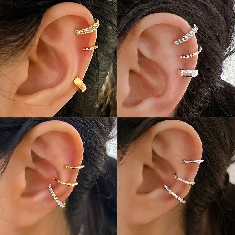 Clips de oreja de circón delicado para mujer, pendientes sin perforación, Clip de oreja de cartílago falso, joyería de cristal, 3 piezas
