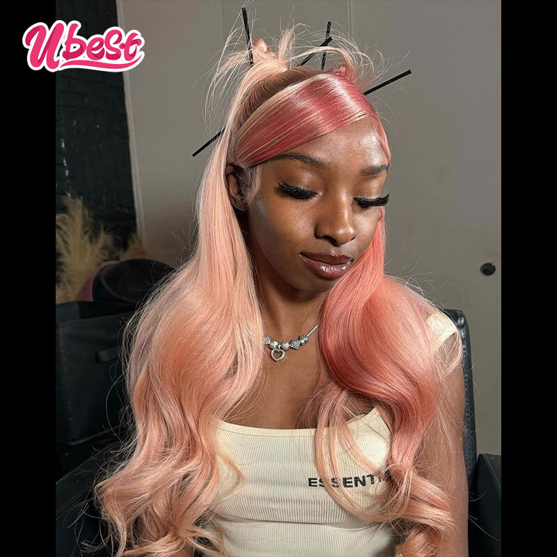 13x6 Wig rambut manusia Ombre warna merah muda gelombang tubuh renda depan Wig 200% gelombang tubuh Brasil Wig Frontal renda transparan untuk wanita