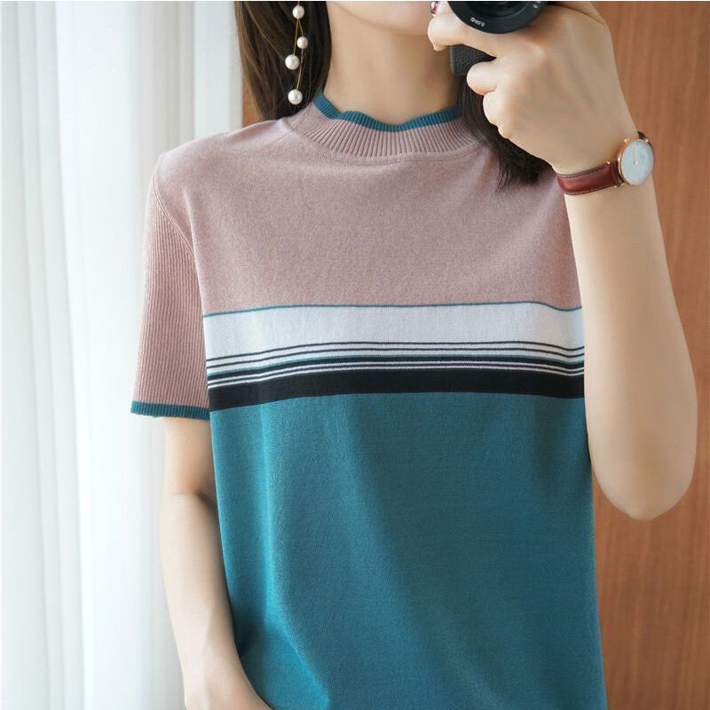 Kaus longgar gaya Korea Retro simpel musim panas baru 2024 untuk wanita kantoran wanita bergaris rajut leher-o atasan lengan pendek Y2K
