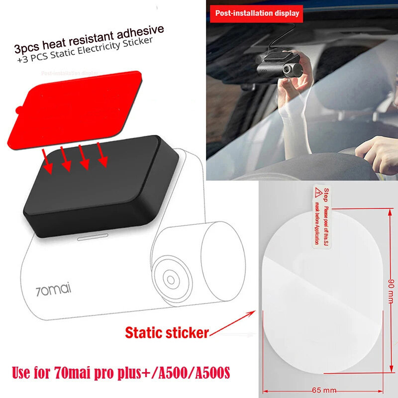 Cocok untuk 70maiplus + A500s stiker elektrostatis kamera dasbor dan perekat tahan panas 3 buah, untuk 70mai plus + A500Scar dvr