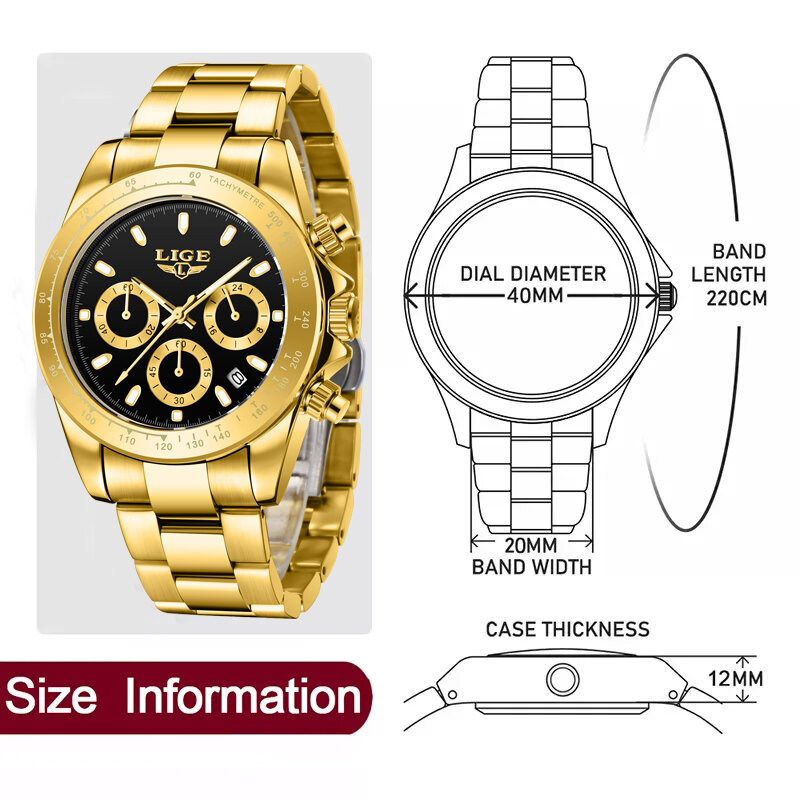 Lige นาฬิกาข้อมือสำหรับผู้ชายนาฬิกาควอตซ์สำหรับผู้ชาย, Masculin0นาฬิกาโครโนกราฟกันน้ำทำจากเหล็กทั้งตัว