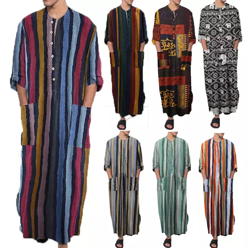 Batas musulmanas de manga larga para hombre, traje de algodón a rayas, caftán árabe islámico de Oriente Medio, Abaya de Dubái Retro, verano, 2024