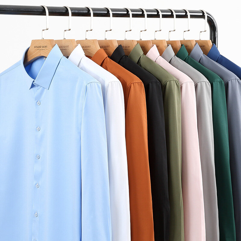 Camisas antiarrugas elásticas de alta calidad para hombres, camisas de vestir de manga larga para hombres, blusa delgada para negocios sociales, camisa de Color sólido