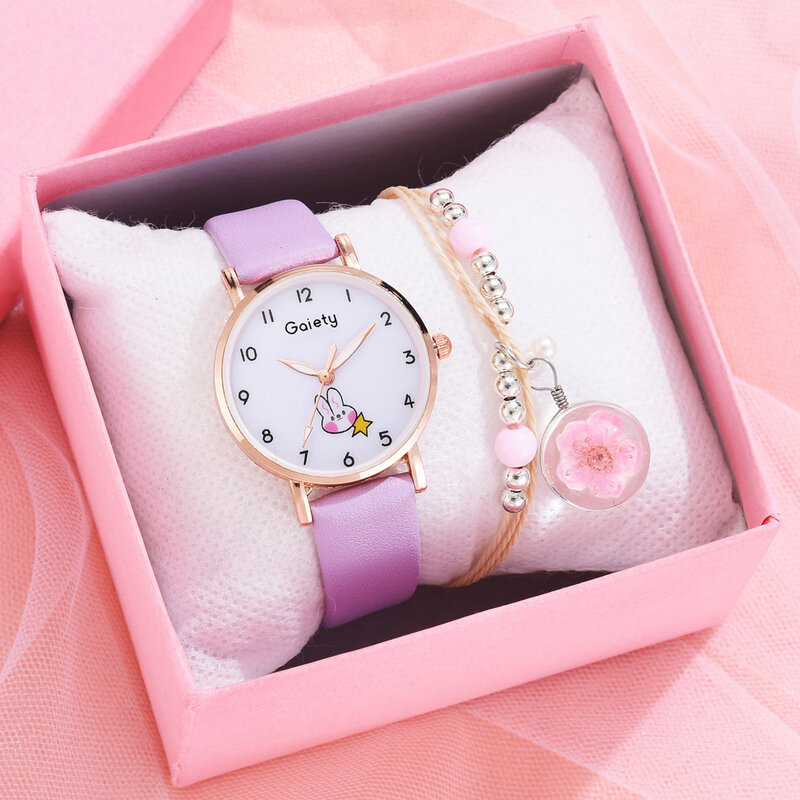 Reloj de pulsera de cuero para Mujer, conjunto de 5 piezas, bonito Conejo, Reloj de cuarzo, regalo para estudiantes
