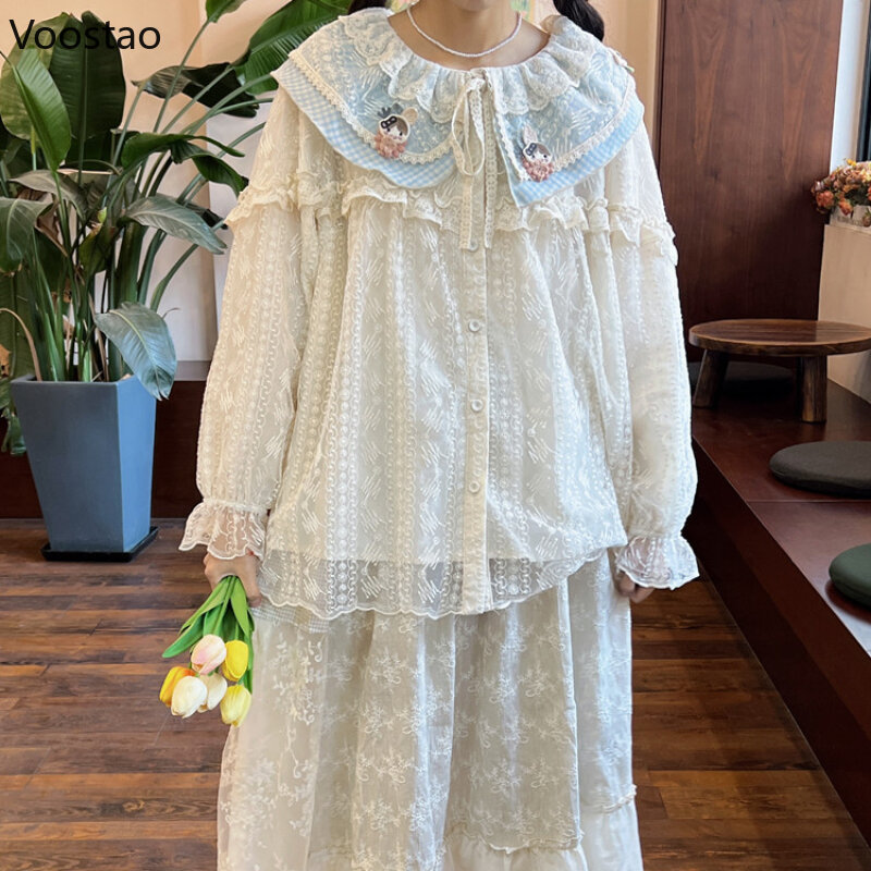 Camisa Lolita de encaje para Mujer, Blusas de manga larga con cuello Peter Pan de dibujos animados Kawaii, estilo Mori Girl, Vintage