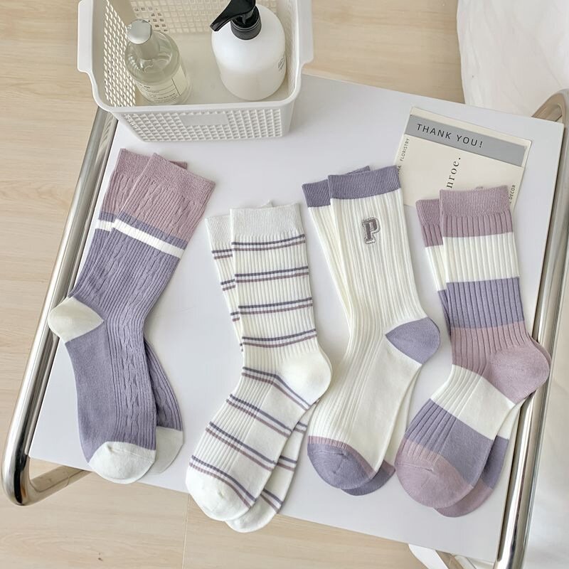 Ultra Thin Breathable Combed Cotton Socks Women Striped Embroidery Fashion Trend Socks Spring Summer Purple Middle Tube Socks