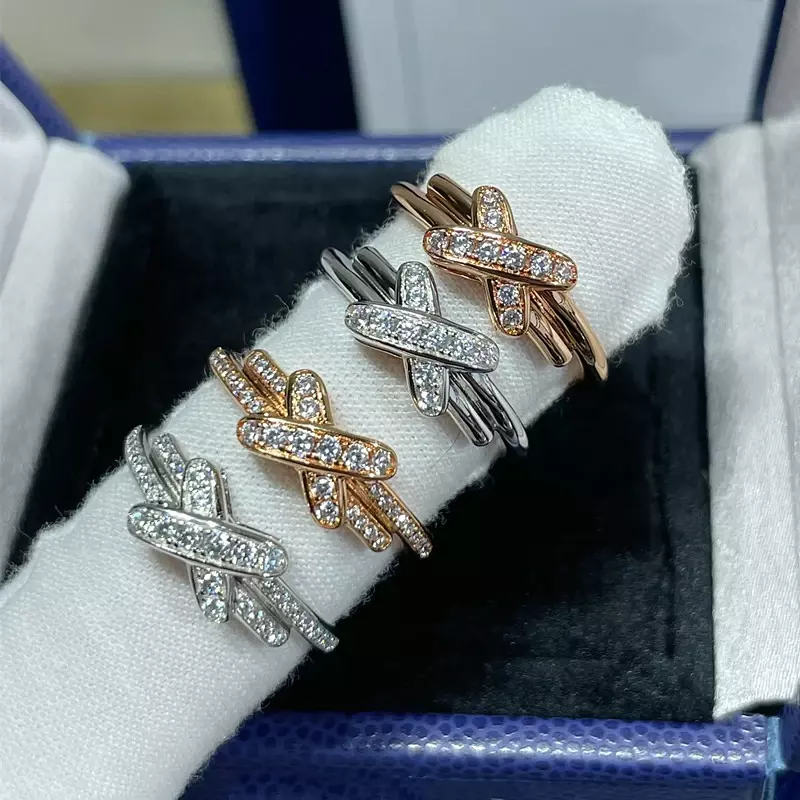 Desain elegan S925 perak murni zirkon cincin silang untuk wanita mode manis mewah merek perhiasan