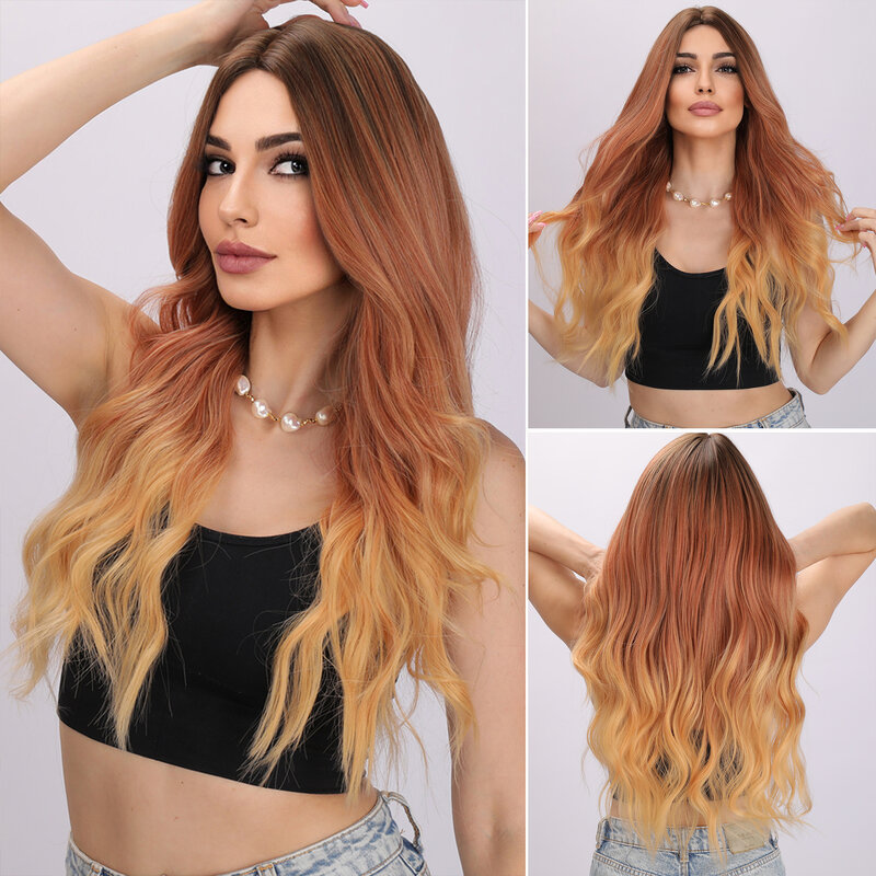 Wig rambut sintetis bagian tengah bergelombang panjang oranye untuk wanita Wig alami Cosplay Halloween gelombang tubuh kuning oranye tahan panas