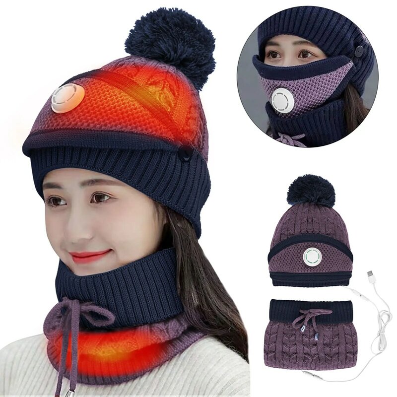 USB Heated Beanie sciarpa cappello maschera Set Unisex inverno caldo Set con caldo morbido Design a maglia per la pesca all'aperto viaggio incontri