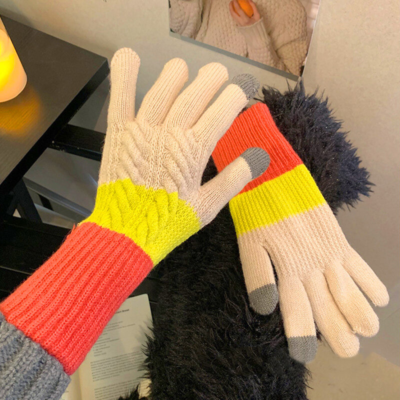 Женские зимние теплые вязаные перчатки, плотные шерстяные вязаные перчатки с пятью пальцами для сенсорного экрана