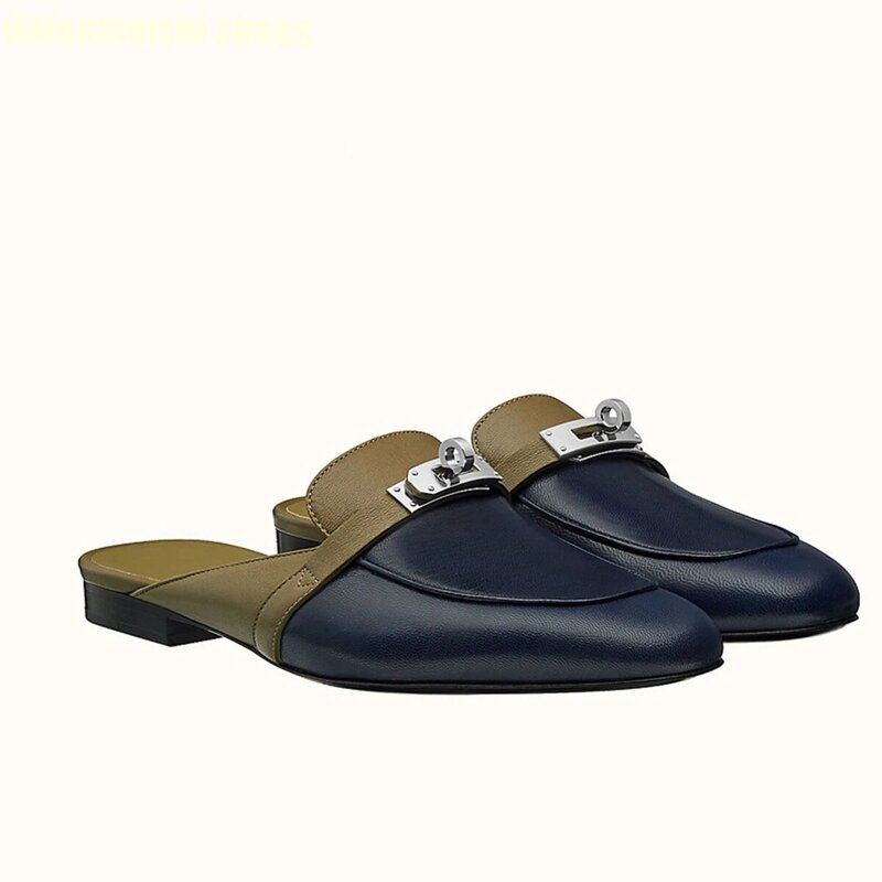 Damska klamra ze skóry wołowej z okrągłym noskiem 2024 buty wiosna lato nowy styl pantofle na casualowe sandały jednolity kolor duży rozmiar