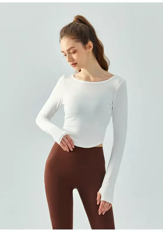 Yoga Clothes Long Sleeves, Solid Colors in Autumn and Winter, Loose Slim Sports Coat, Arc Hem, Breathable Fitness Clothes.