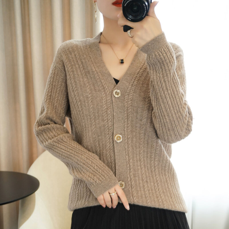 Cardigan tricoté 2020 laine Pure pour femme, veste, pull ample, col en v, style rétro, Version coréenne, printemps automne, 100%