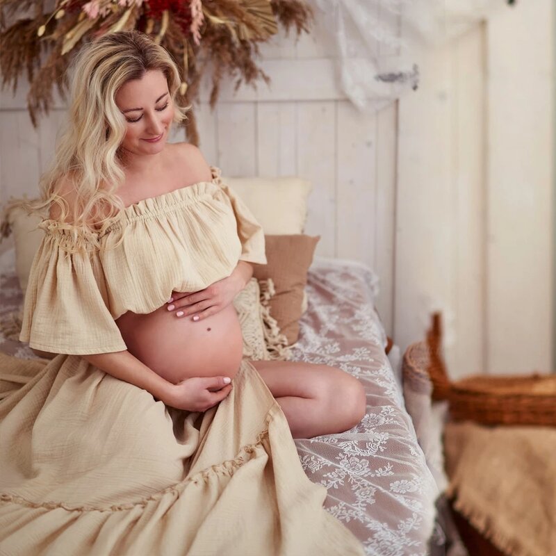 Dames Boho Tweedelige Set Zwangerschapsjurken Voor Fotoshoot Comfortabele Linnen Katoenen Vintage Top En Rok Zwangerschapskleding