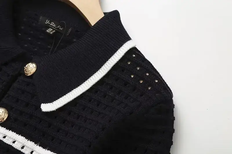 Cárdigan de punto hueco con botones para mujer, suéter Retro de manga larga con solapa, Top elegante, Otoño, 2023