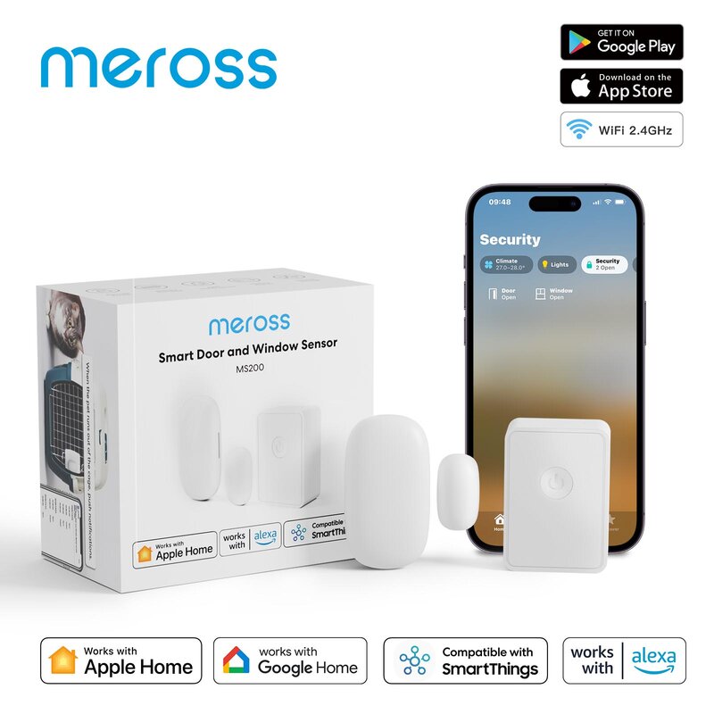 Meross Homekit-Capteur de porte intelligent WiFi, détecteur d'ouverture et de fermeture de fenêtre, alarme de protection de sécurité à domicile intelligente, Google Alexa SmartThings