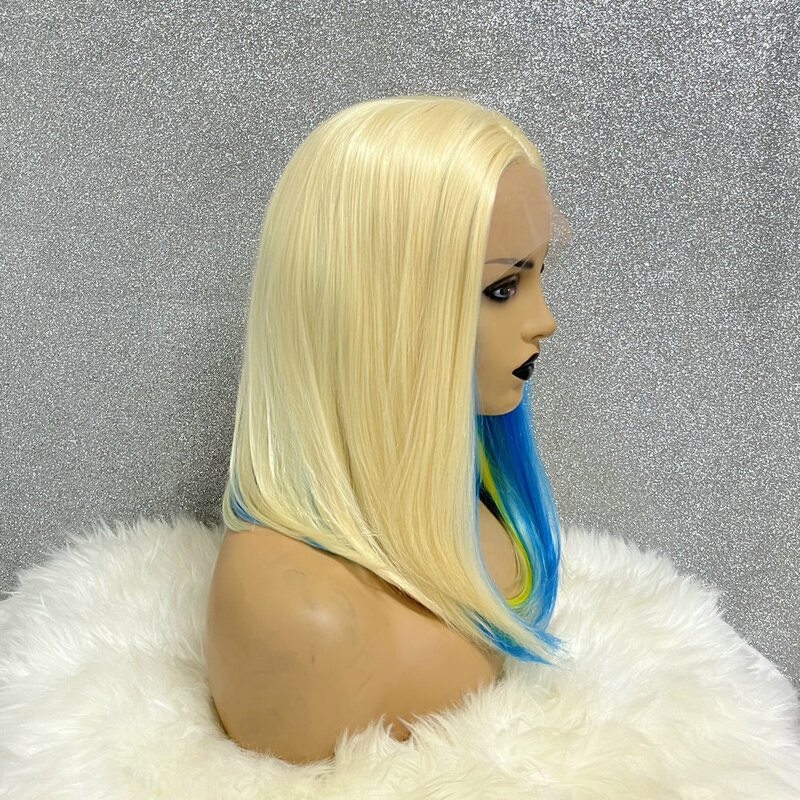 Perruque Bob courte sans colle pour femme, dentelle frontale transparente, fibre haute température, perruques cosplay Drag Queen, bleu blond 613, document 13x3.5