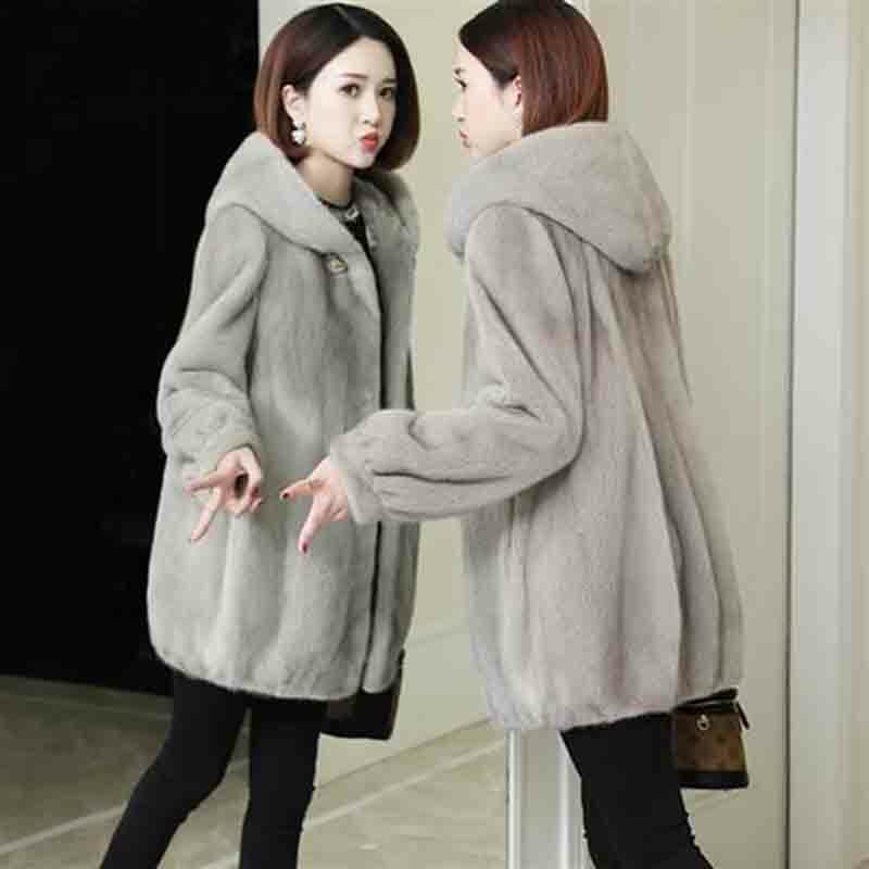 2023 New Imitation Mink Temperament Loose Fur Autumn And Winter Long-sleeve Thickened Womens Casual Hooded Mid-length Lady Coat