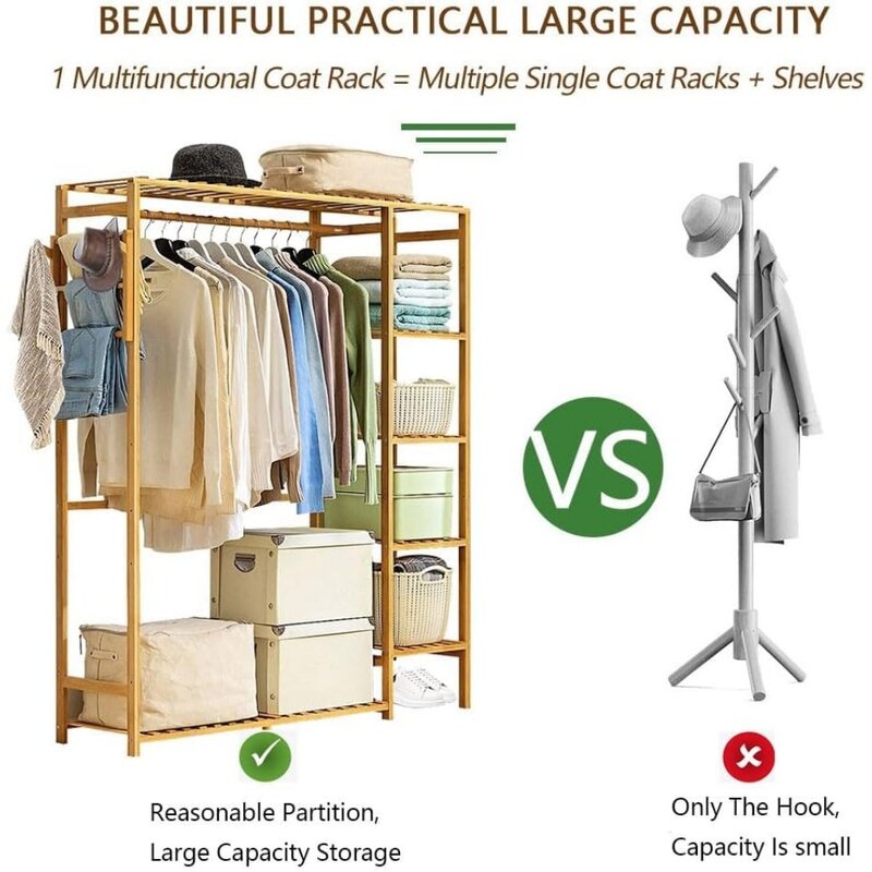 Estante para colgar ropa de alta resistencia con estantes de almacenamiento de niveles, Riel de bambú para ropa con estantes