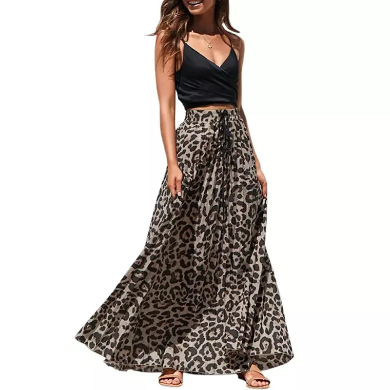 lady fashion long pleated skirt European style woman leopard print skirt